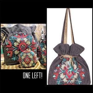 Gorgeous Gray Embroidered Boho Drawstring Bag,NWT